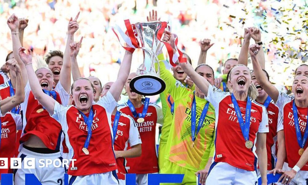 Arsenal's players lift the Women's Champions League trophy