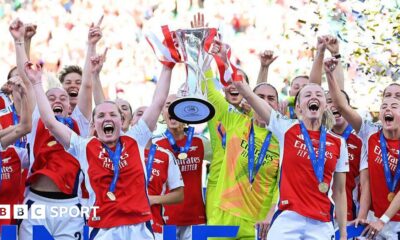 Arsenal's players lift the Women's Champions League trophy