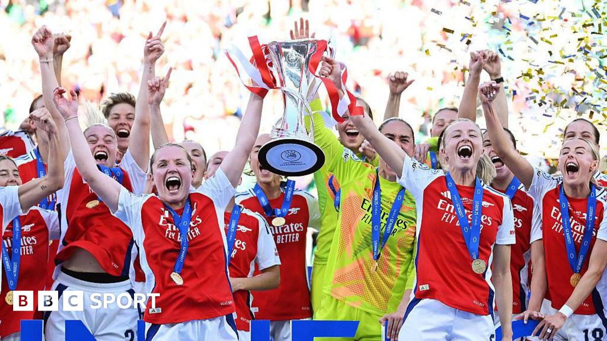 Arsenal's players lift the Women's Champions League trophy