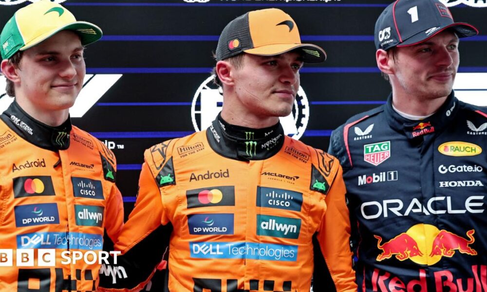 McLaren's Oscar Piastri, Lando Norris and Red Bull's Max Verstappen pose for pictures after qualifying for the 2025 Australian Grand Prix