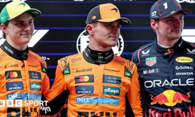 McLaren's Oscar Piastri, Lando Norris and Red Bull's Max Verstappen pose for pictures after qualifying for the 2025 Australian Grand Prix