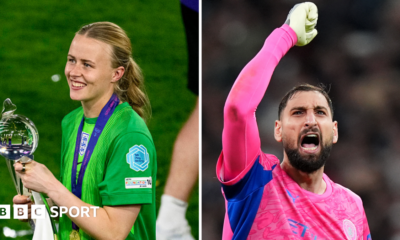 A split picture showing Hannah Hampton holding the Euro 2025 trophy and Gianluigi Donnarumma celebrating with his hand in the air