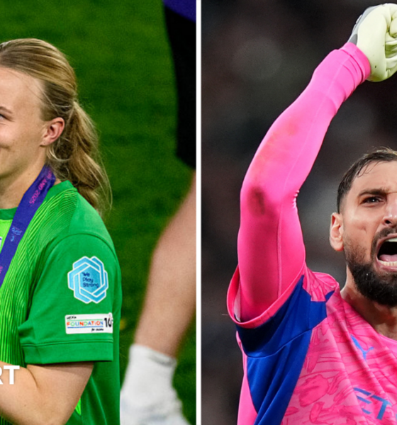 A split picture showing Hannah Hampton holding the Euro 2025 trophy and Gianluigi Donnarumma celebrating with his hand in the air