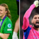 A split picture showing Hannah Hampton holding the Euro 2025 trophy and Gianluigi Donnarumma celebrating with his hand in the air
