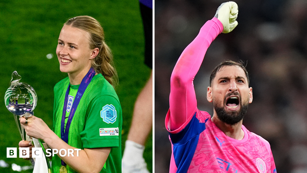 A split picture showing Hannah Hampton holding the Euro 2025 trophy and Gianluigi Donnarumma celebrating with his hand in the air