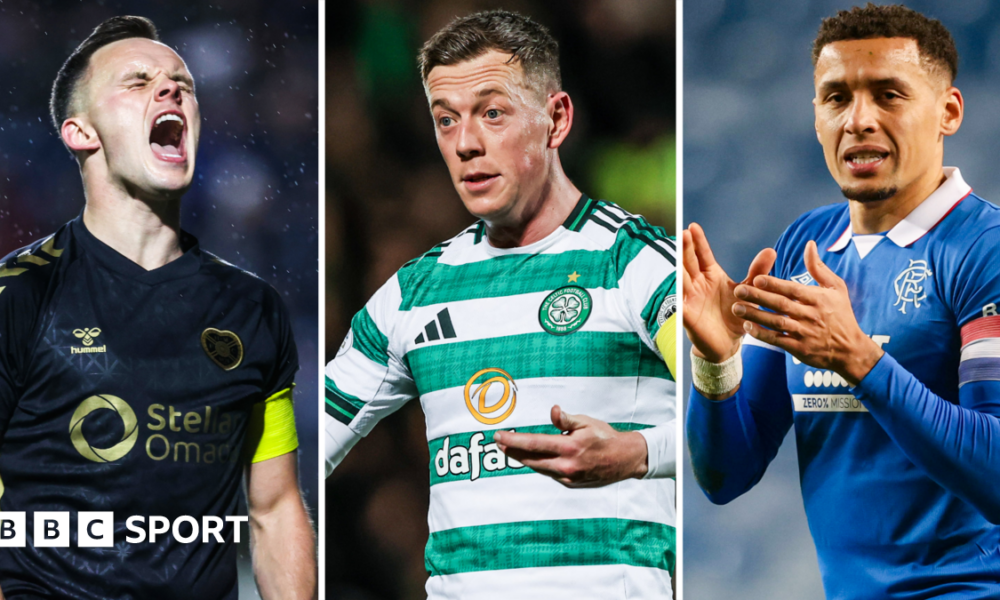 Hearts captain Lawrence Shankland, Celtic skipper Callum McGregor and Rangers captain James Tavernier