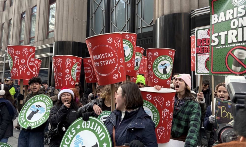 Starbucks Workers United union holds NYC rally during strike