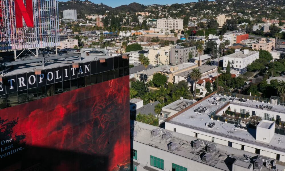 The Netflix logo overlooking Hollywood studio offices in Los Angeles.