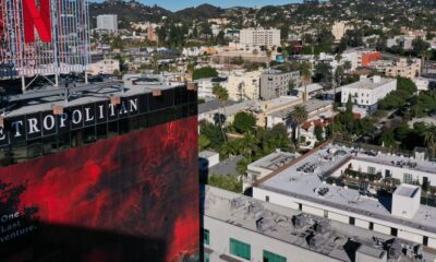 The Netflix logo overlooking Hollywood studio offices in Los Angeles.
