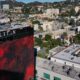 The Netflix logo overlooking Hollywood studio offices in Los Angeles.