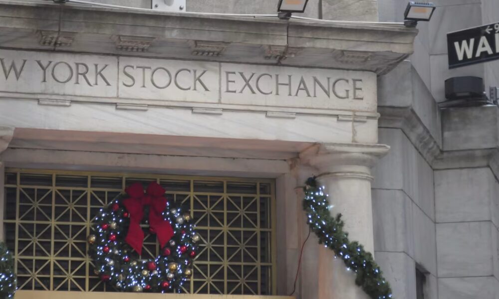 The New York Stock Exchange, decorated for Christmas.