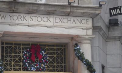 The New York Stock Exchange, decorated for Christmas.