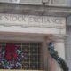 The New York Stock Exchange, decorated for Christmas.