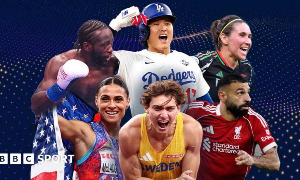 A graphic showing images of Mariona Caldentey, Terence Crawford, Armand Duplantis, Sydney McLaughlin-Levrone, Shohei Ohtani and Mohamed Salah