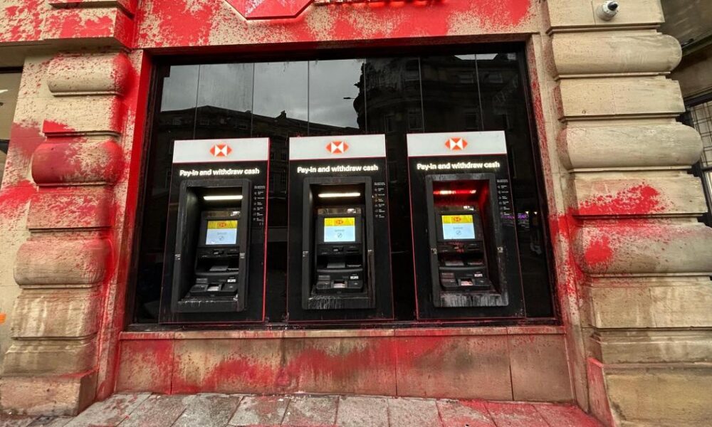 HSBC Newcastle closed after being doused in red paint