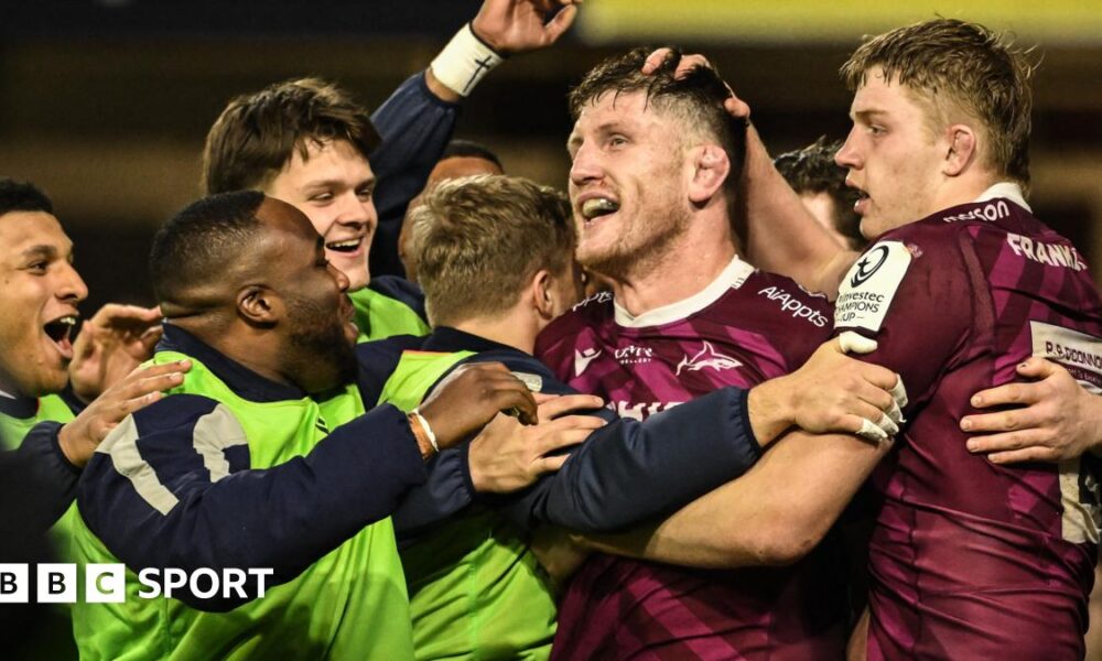 Sale players celebrate a try that was later disallowed