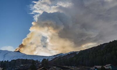 Moment snow-covered Mount Etna erupts spewing lava and ash
