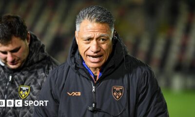 Head coach Filo Tiatia addresses the Dragons players after the win against Connacht at Rodney Parade