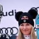 Third-placed Lindsey Vonn celebrates on the podium