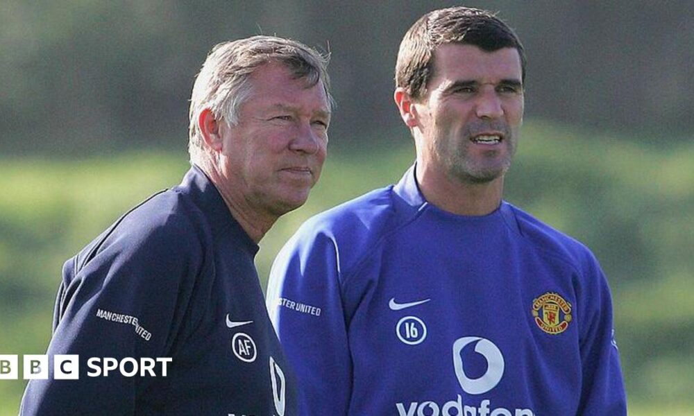 Roy Keane and Sir Alex Ferguson of Manchester United in action during a first team training session