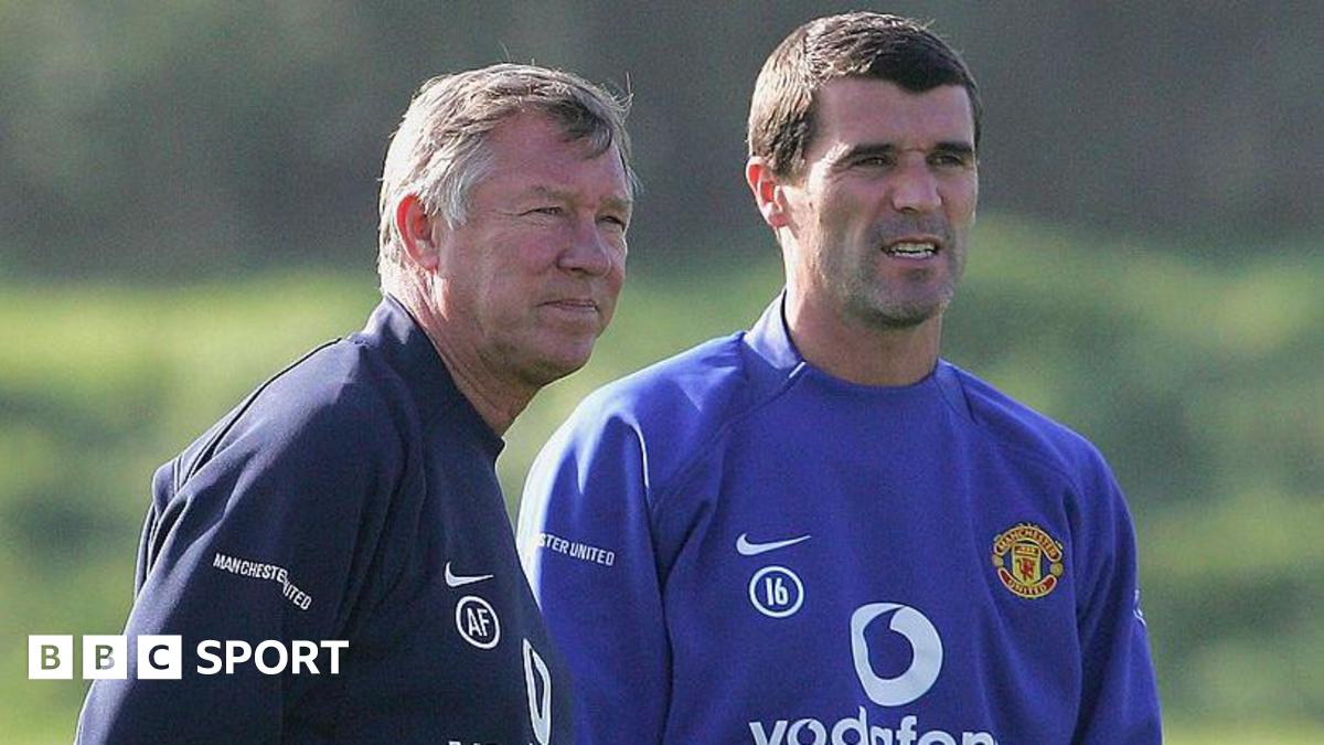 Roy Keane and Sir Alex Ferguson of Manchester United in action during a first team training session