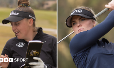 Ffion Tynan (left) signs her card and Luca Thompson (right) completes her swing