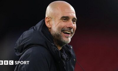 Pep Guardiola reacts after Manchester City's victory against Crystal Palace