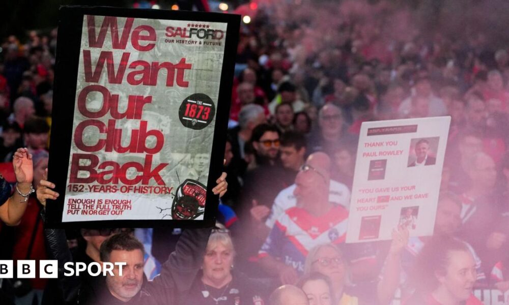 Salford Red Devils fans during a protest at the tail end of the 2025 Super League season