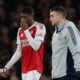 Arsenal defender Cristhian Mosquera comes off with an injury against Brentford