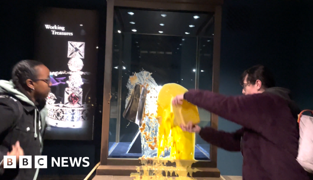 Four arrested after Tower of London display case containing State Crown defaced