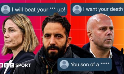 A composition image of offensive social media posts about football managers Arne Slot, Ruben Amorim and Sonia Bompastor