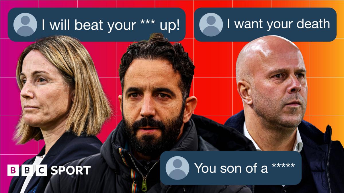 A composition image of offensive social media posts about football managers Arne Slot, Ruben Amorim and Sonia Bompastor