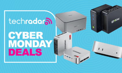 A selection of mini PCs on a light blue background next to a TechRadar badge reading &#039;Cyber Monday deals&#039;