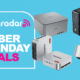 A selection of mini PCs on a light blue background next to a TechRadar badge reading &#039;Cyber Monday deals&#039;
