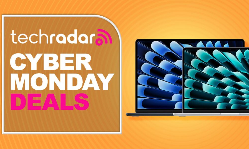 A pair of MacBook Air laptops against an orange TechRadar Cyber Monday deals background