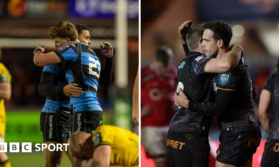 Cardiff's Ben Thomas celebrates the win against Dragons (left) while Ospreys Kieran Hardy is congratulated after his try against Scarlets (right)