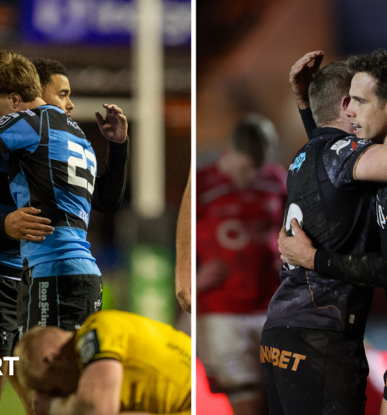 Cardiff's Ben Thomas celebrates the win against Dragons (left) while Ospreys Kieran Hardy is congratulated after his try against Scarlets (right)