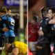 Cardiff's Ben Thomas celebrates the win against Dragons (left) while Ospreys Kieran Hardy is congratulated after his try against Scarlets (right)