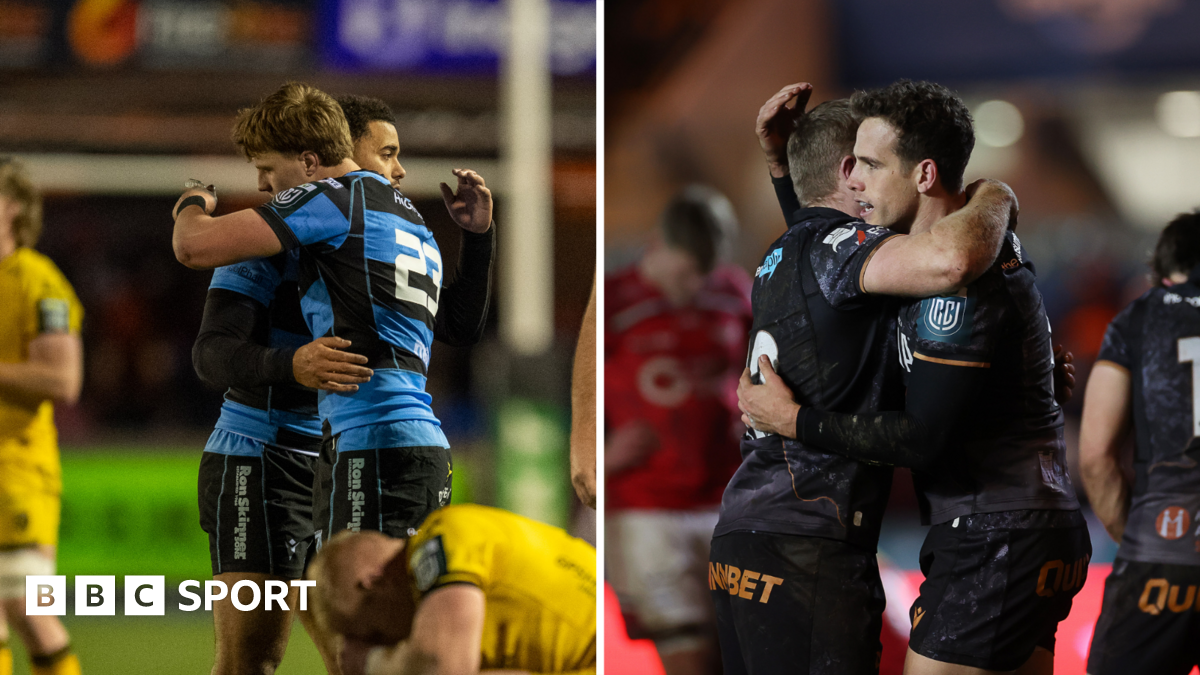 Cardiff's Ben Thomas celebrates the win against Dragons (left) while Ospreys Kieran Hardy is congratulated after his try against Scarlets (right)