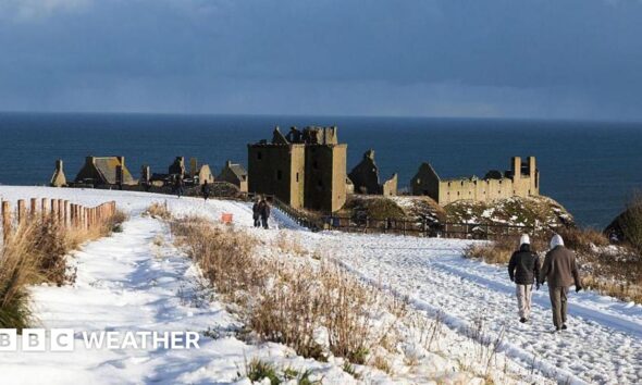 map of the UK with an area of white shaded across northern Scotland showing snow forecast up to 30cm over hills.  Another shaded area from Northern Ireland, Wales, the Midlands and south-east England with 1-2cm snow forecast.