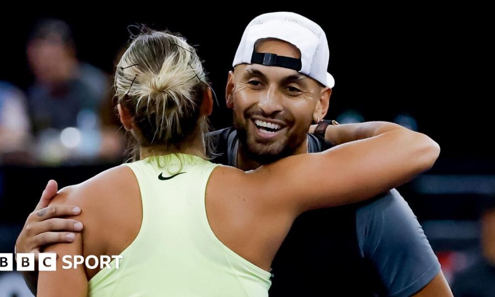 Aryna Sabalenka and Nick Kyrgios hug after an exhibition event in New York this week