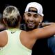 Aryna Sabalenka and Nick Kyrgios hug after an exhibition event in New York this week