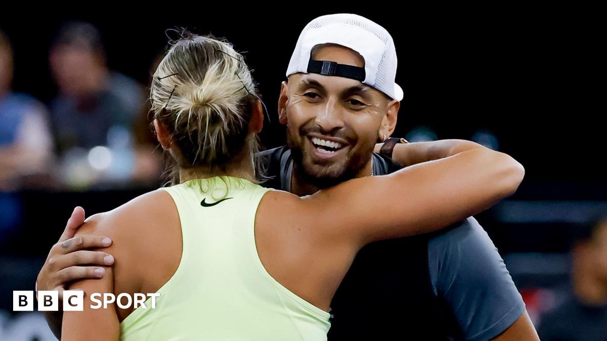 Aryna Sabalenka and Nick Kyrgios hug after an exhibition event in New York this week