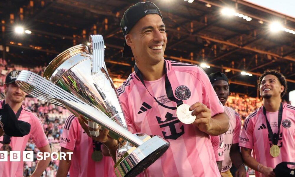 Luis Suarez of Inter Miami poses with the trophy after winning the Championship following the Audi 2025 MLS Cup Final