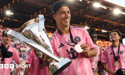 Luis Suarez of Inter Miami poses with the trophy after winning the Championship following the Audi 2025 MLS Cup Final