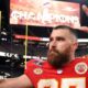 Travis Kelce waves to fans after the Kansas City Chiefs beat the San Francisco 49ers in the Super Bowl in 2024