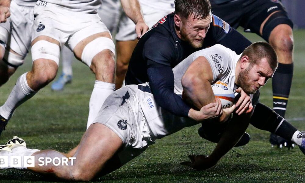 Will Butt crosses from close range in Bath's 50-14 win at Newcastle