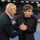 NAPLES, ITALY - DECEMBER 07: Antonio Conte (R), Head Coach of SSC Napoli, and Luciano Spalletti, Head Coach of Juventus, shake hands prior to the Serie A match between SSC Napoli and Juventus FC at Stadio Diego Armando Maradona on December 07, 2025 in Naples, Italy. (Photo by Francesco Pecoraro/Getty Images)