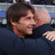BOLOGNA, ITALY - NOVEMBER 09: Antonio Conte, Head Coach of Napoli, hugs Vincenzo Italiano, Head Coach of Bologna FC 1909, prior to the Serie A match between Bologna FC 1909 and SSC Napoli at Renato Dall