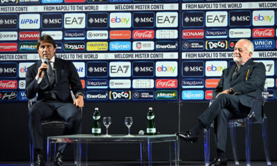 NAPLES, ITALY - JUNE 26: Antonio Conte new SSC Napoli head coach and Aurelio De Laurentiis SSC Napoli president during SSC Napoli new manager unveiling on June 26, 2024 in Naples, Italy. (Photo by Francesco Pecoraro/Getty Images)